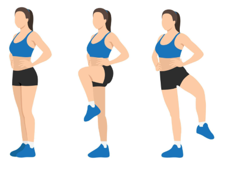 Exercice d’équilibre debout avec genou levé.